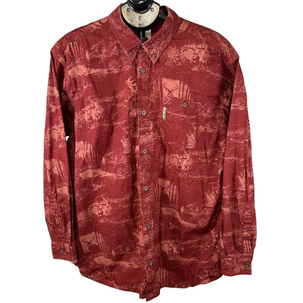 Columbia River Lodge Mens XL Red Wildlife Deer Scenic‎ Print Cotton Button Shirt